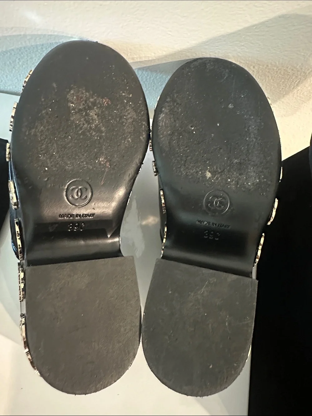 CHANEL Black Leather Camellia-Embellished Mules